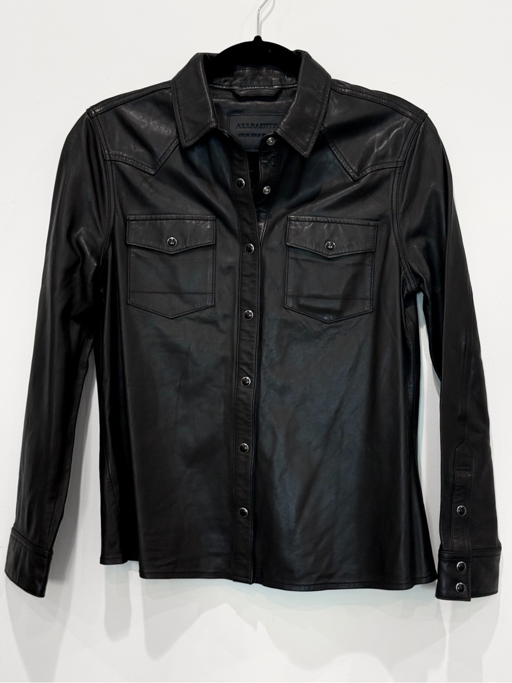 All Saints Stanway Black Lamb Leather Western Snap Shirt Jacket US 6